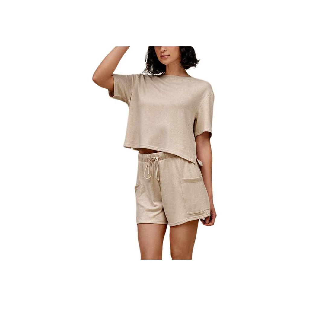 UGG Einfarbig Rundhals Kurzarm Kordelzugshorts Lässiges Set Damen Sets Haferflocke 1167354