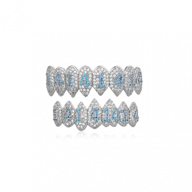 Plated Vampire Fang Denture Set With Micro Inlaid Blue Zirconia Teeth Halloween Costume Party