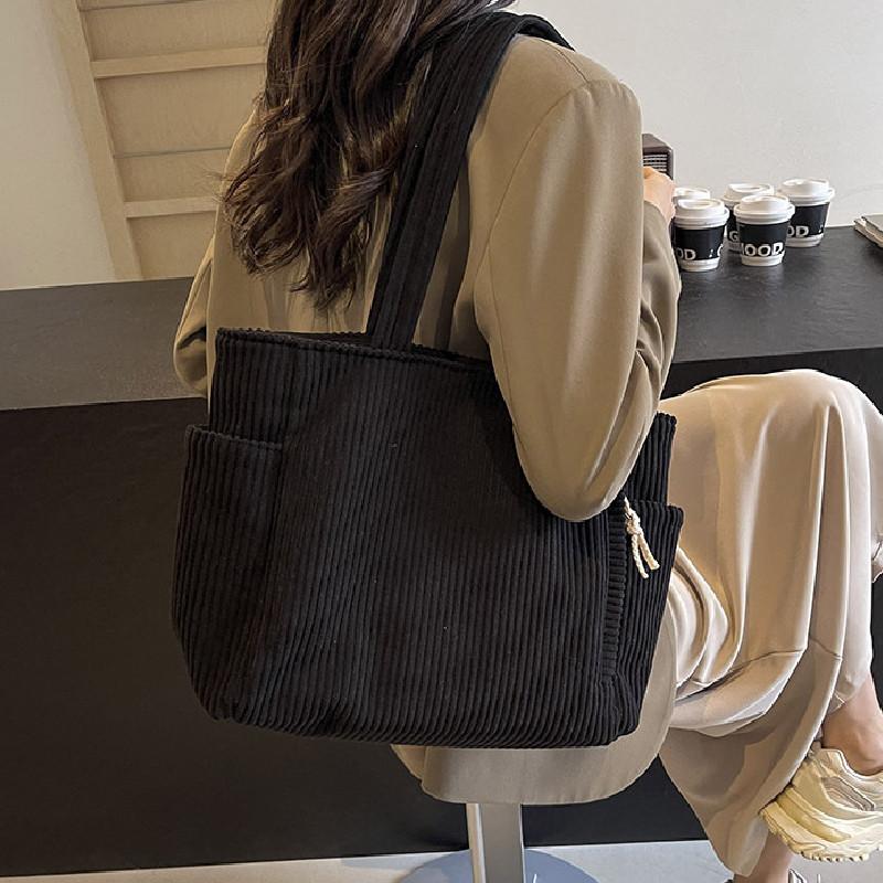 Simple Solid Color Large Capacity Women Corduroy Shoulder Tote Bag For Daily Use