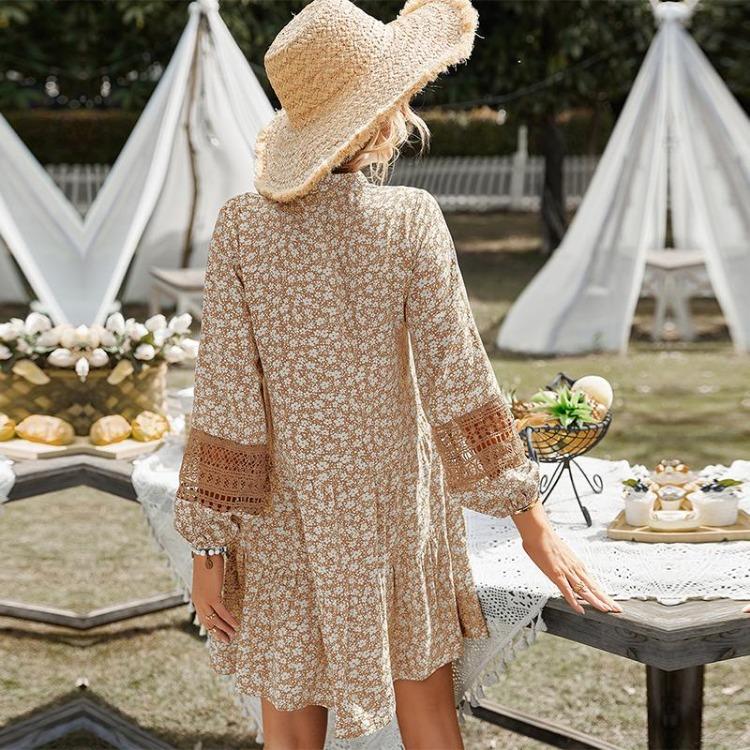 Women Floral Print Mini Dress Casual Loose Waist V-Neck Hollow Out Full Sleeve Above Knee Single Breasted Spring Summer S-XL