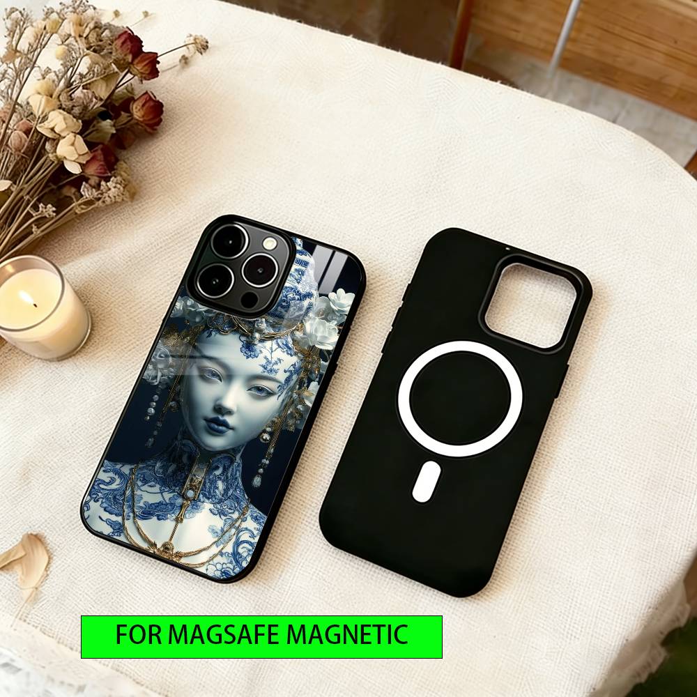 Blue & White Grace Phone Case For iPhone17,16,15,14,13,12,11 Plus,Pro Magnetic with Magsafe Wireless Charging
