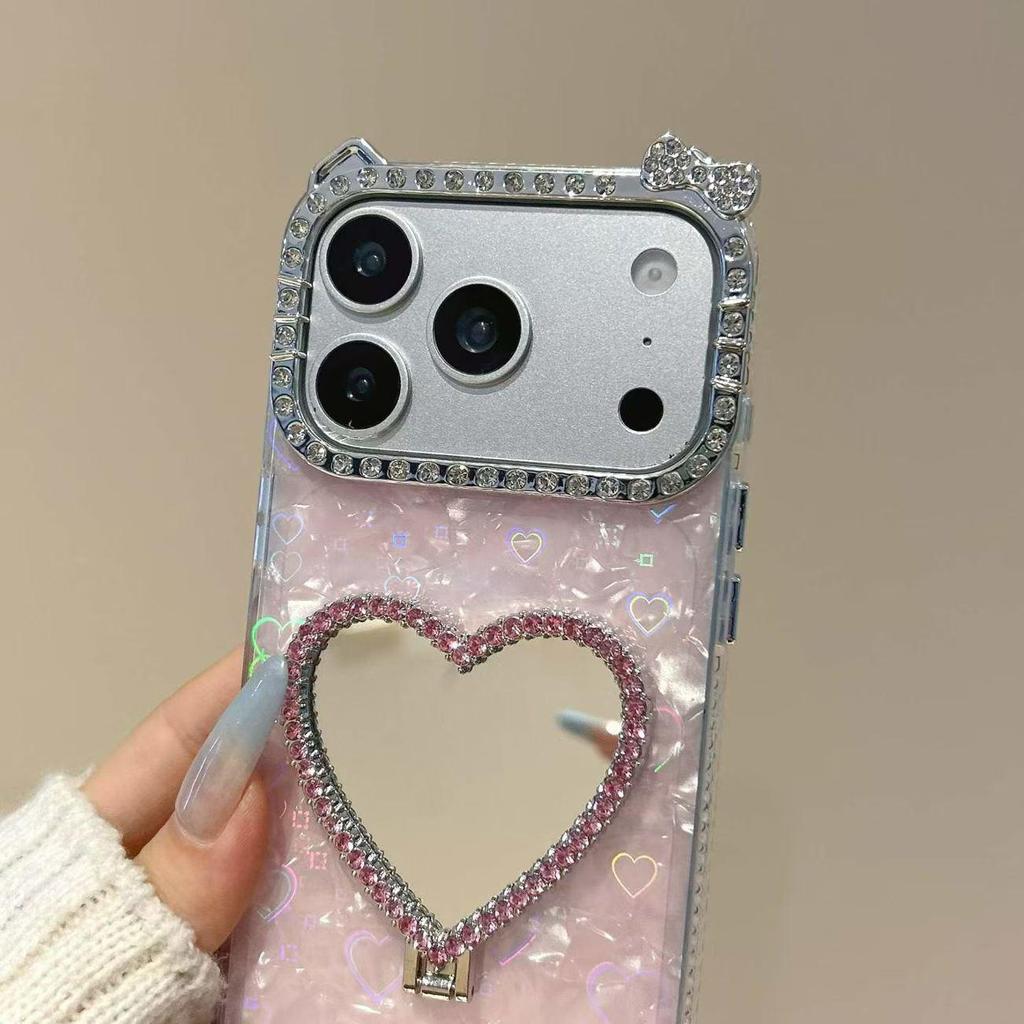 Heart-shaped Stand-Compatible iPhone Case with Inlaid Diamond Mirror and 3D Protective Design for iPhone 14-17