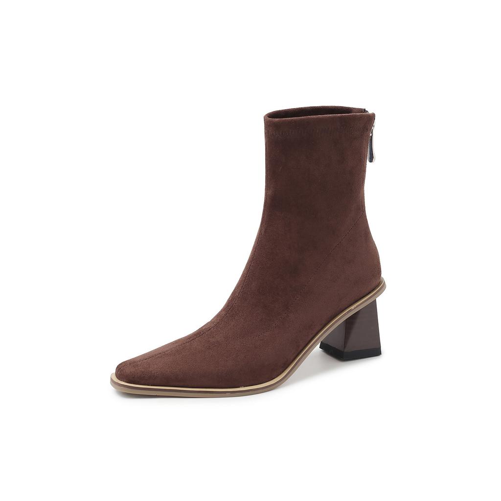 6CM Niche Fashion Simple Elastic Thin Boots 2025 Autumn and Winter New Square Head Thick Heel Rear Zipper High Heel Short Boots