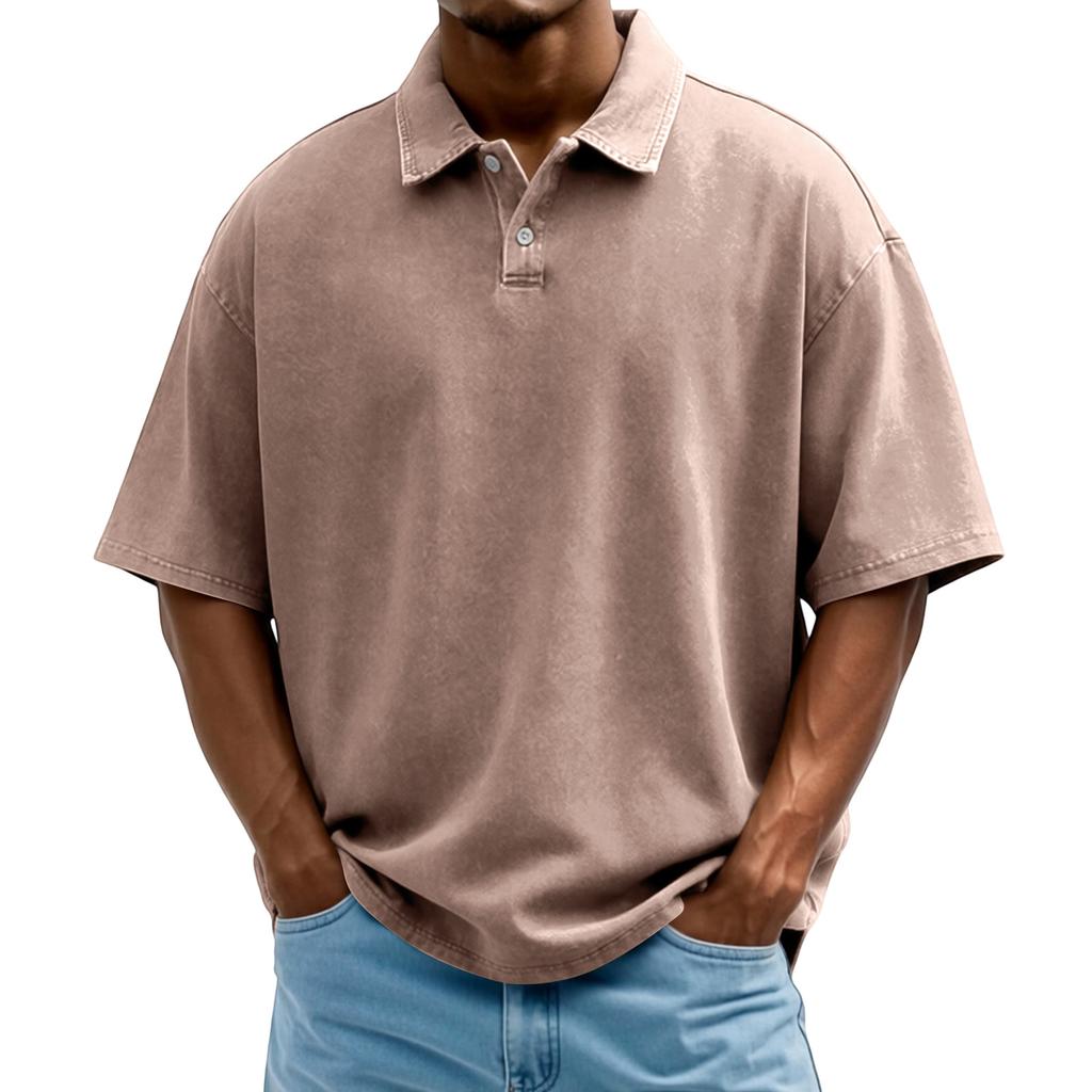 Men's Washed Vintage Polo Shirt Single Breasted Short Sleeve Casual Shirt with Turn Down Collar Loose Fit