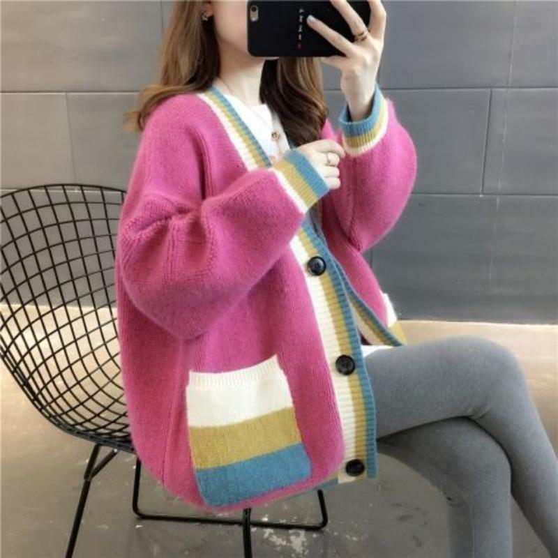 Cardigan Women Female 2023 Spring and Autumn V Neck Long Sleeve Korean Version Loose Color Block Sweater Knit Cardigan Female