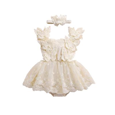 Baby Girls Rompers Dress Lace Butterfly Fly Sleeve Mesh Skirt Hem Jumpsuits Bodysuits with Headband