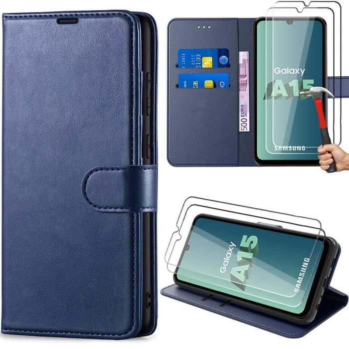 Coque + 2 Verres Trempés pour Samsung Galaxy A15 5G-4G, Cuir PU avec Fentes pour Cartes et Fonction de Support Bleu Marine