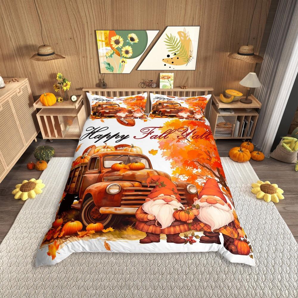 Homewish Vintage Orange Pumpkin Duvet Cover Set for Kids,Kawaii Girl Gnome Bedding Set,Rustic Farmhouse Bed Set
