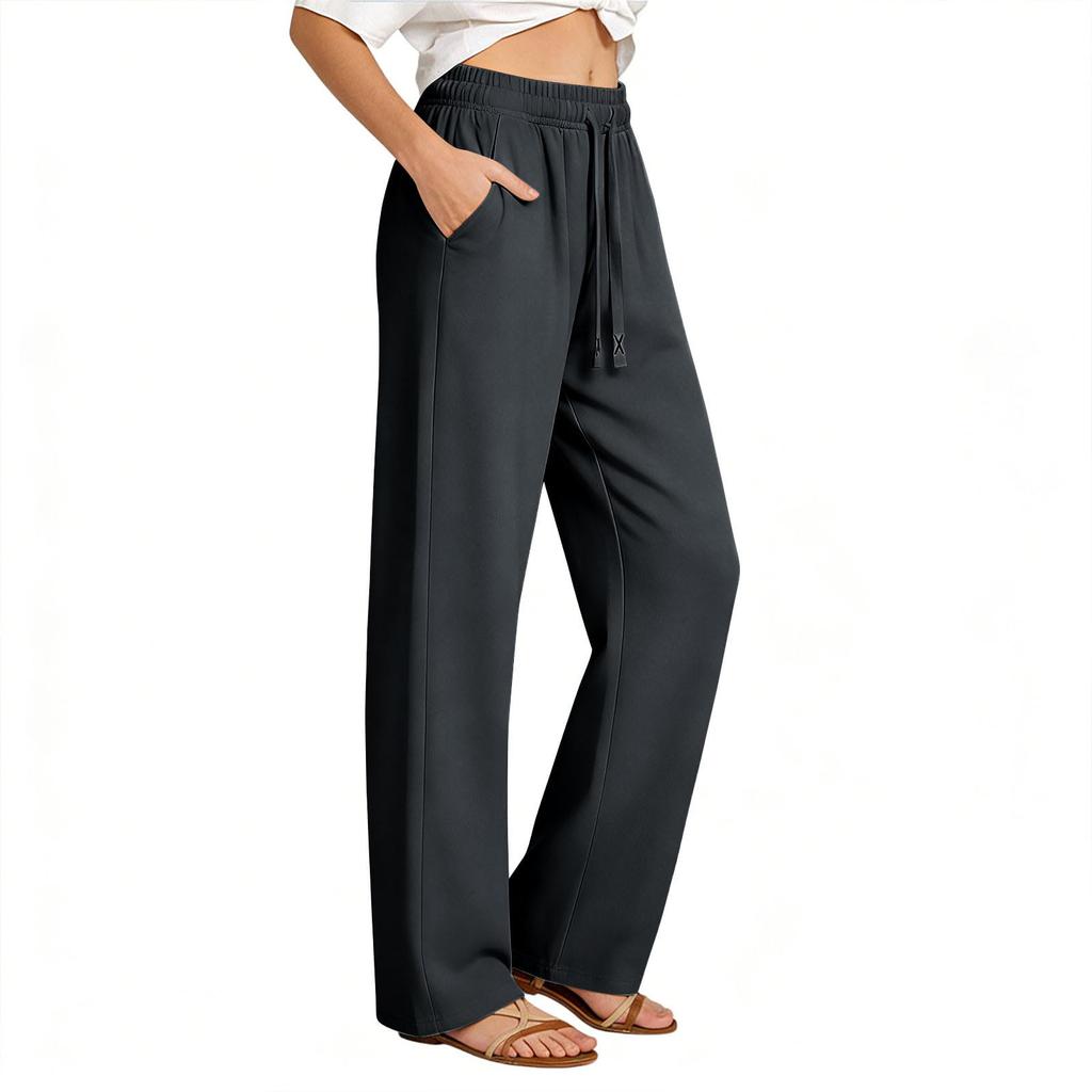 Women's Loose Fit Wide Leg Drawstring Waist Pants with Pockets Casual Straight Leg Trousers for Everyday Wear