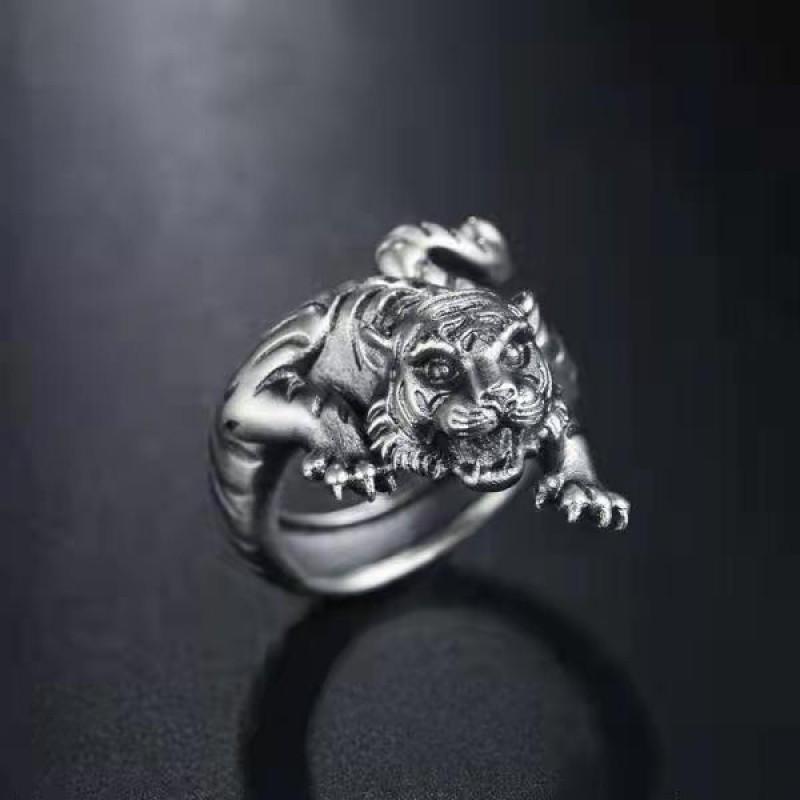 Adjustable Vintage Tiger Ring Men Women Copper Silver-Plated Open Band Zodiac Animal Jewelry