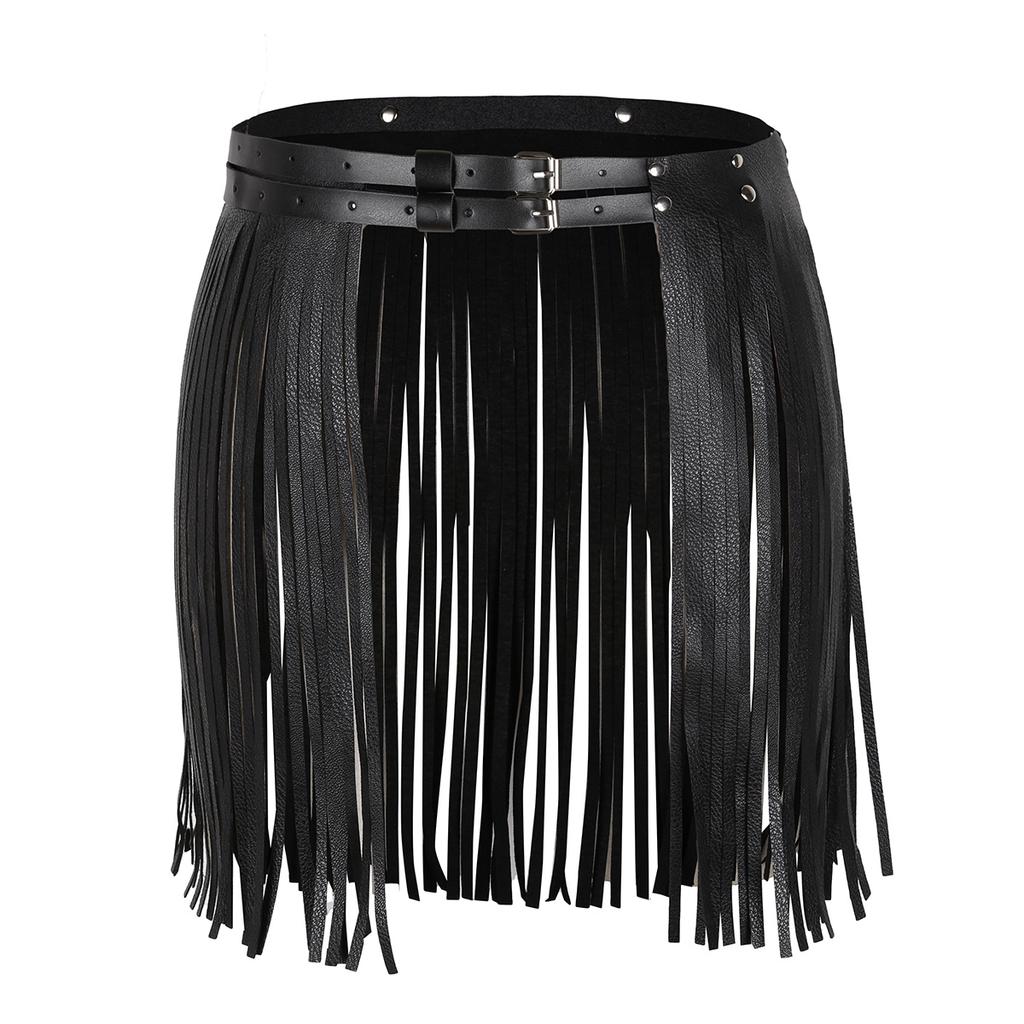 Women Adult Adjustable Faux Leather Waistband Fringe Tassel Skirt Belt Nightclub Costume Cosplay