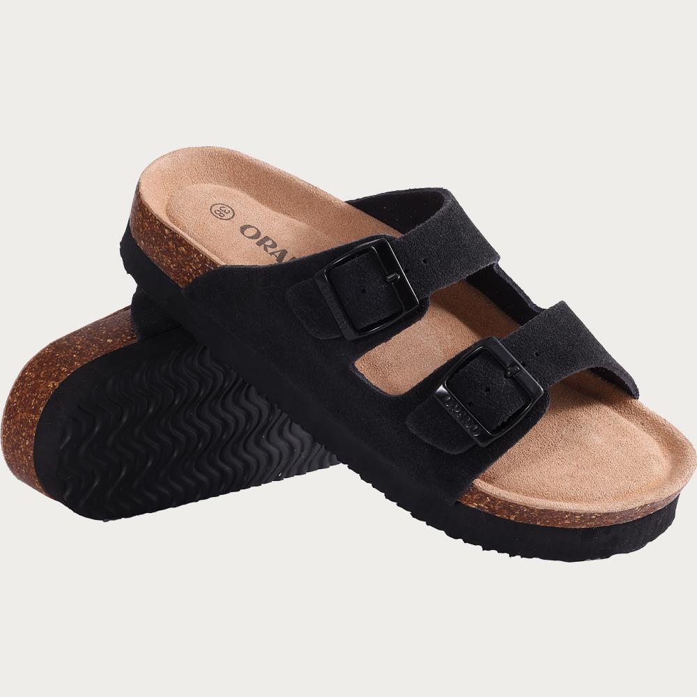 Fashion Litfun Women's Cork Footbed Slippers Classic Leather Flats Slippers Thick Bottom Double Buckle Slides Beach Sandals Adjustable