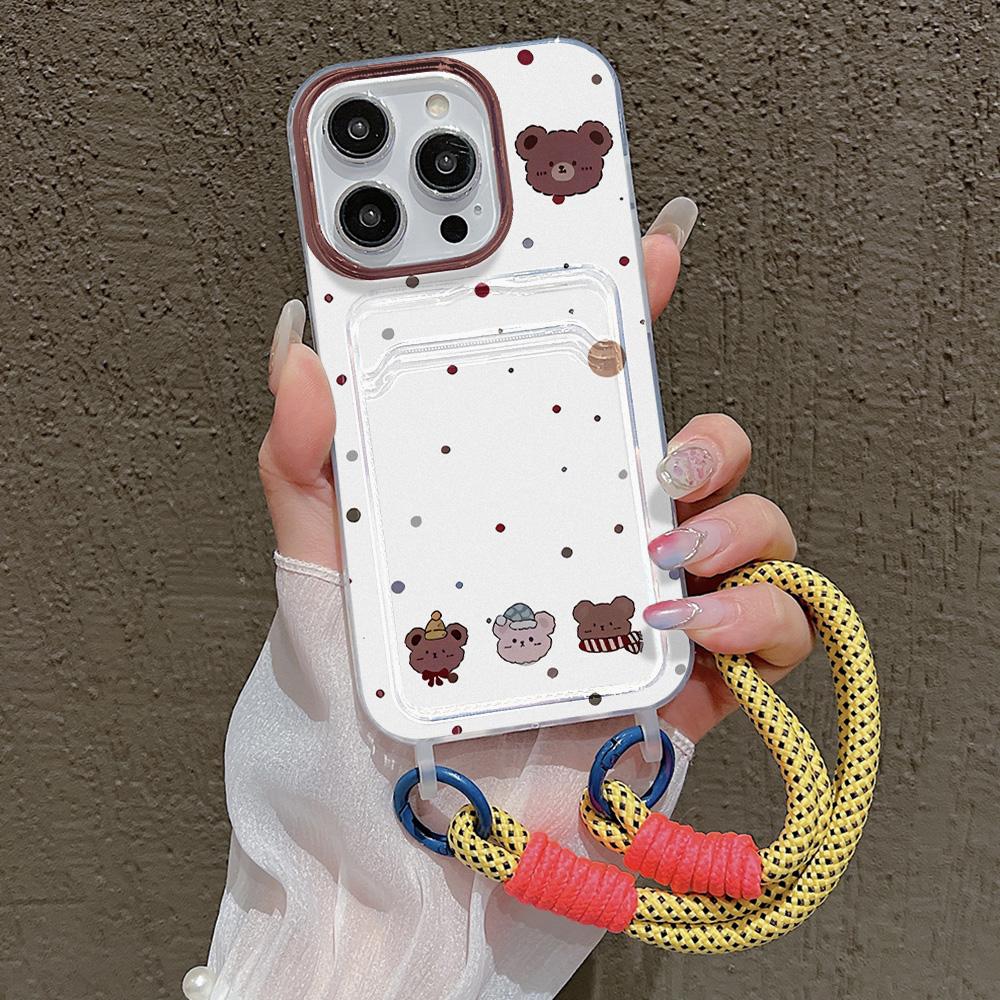 Cute Cartoon Bear Hang Chain Lanyard Phone Case For iPhone 13 11 12 14 15 16 Pro Max 7 8 Plus XR XS X SE  Card Holder Cover