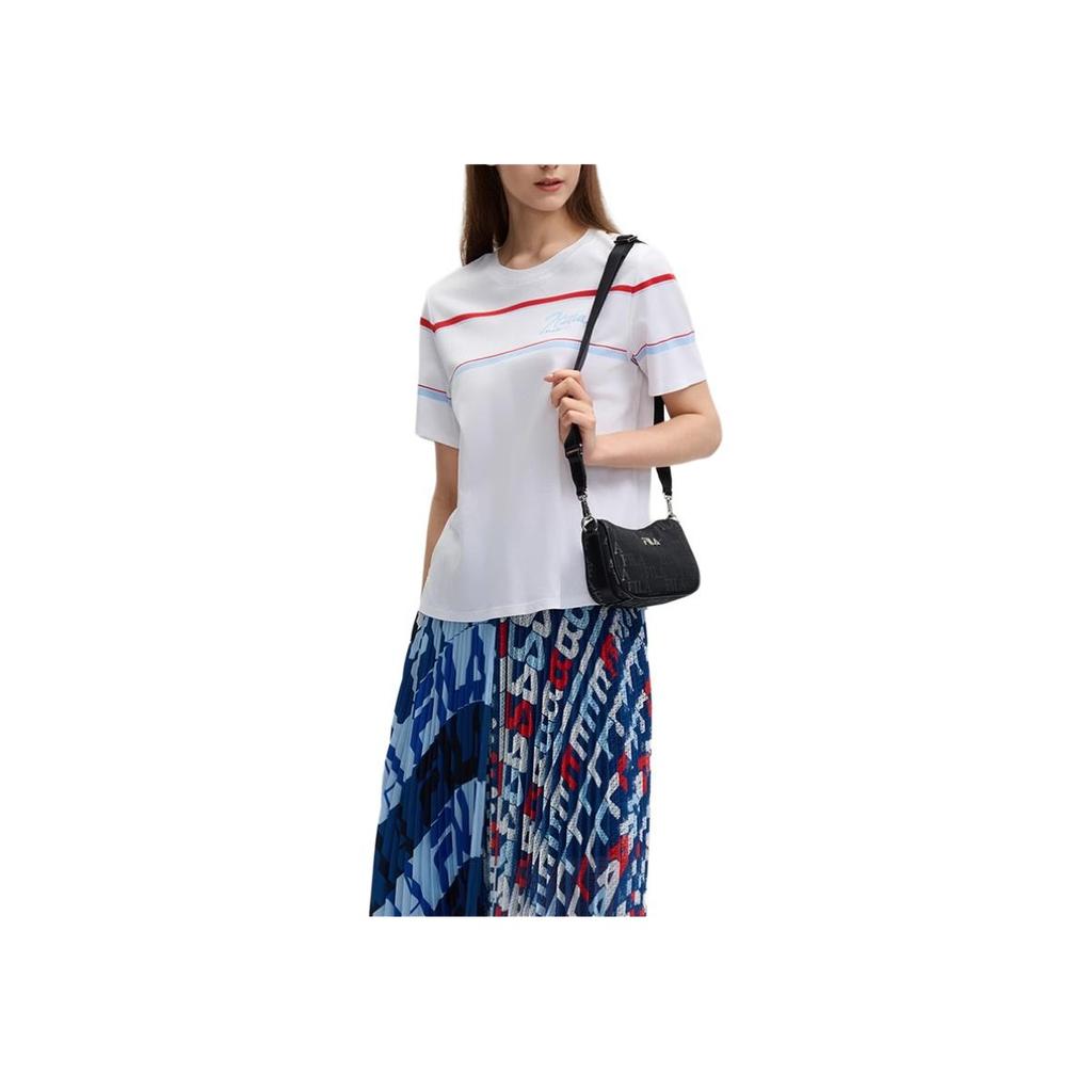 Fila Emerald Series Striped Round Neck Casual Letter Short Sleeve T-Shirt Women T-Shirts White F11W434105F-WT
