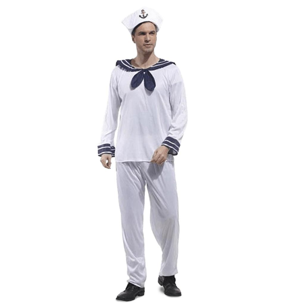 Silver & Style Men's Sailor Costume with Hat, Full Body Sailor Marine Outfit for Halloween (White, Size M)