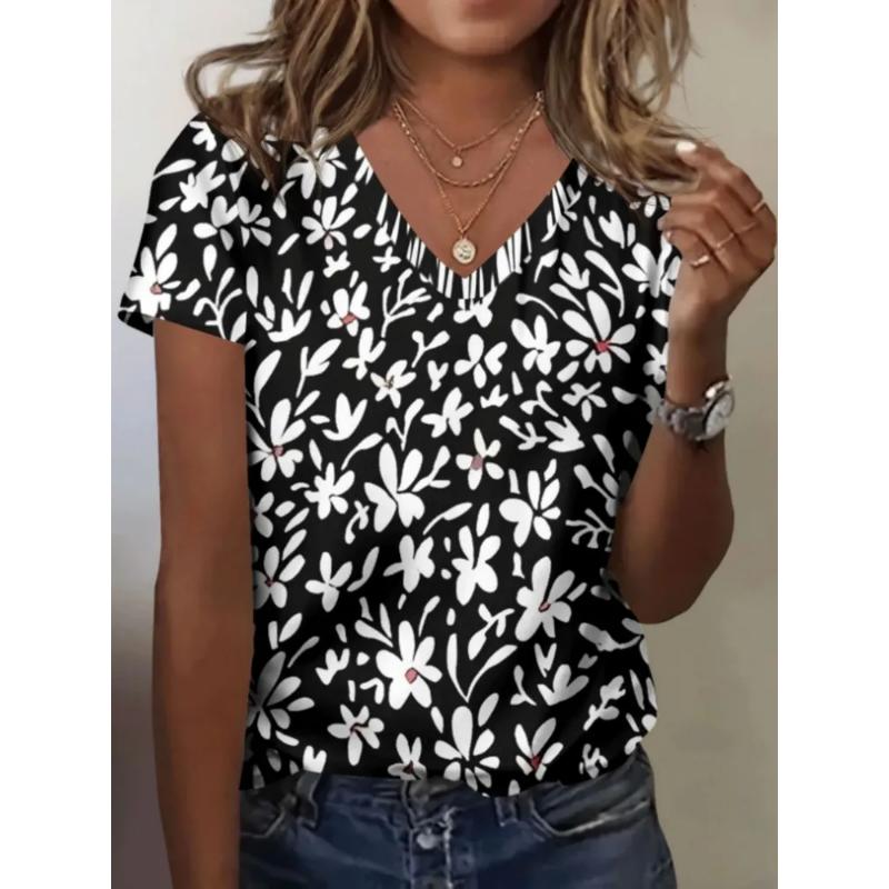 Fashion Women's V-Neck Short Sleeve 3D Flower Color Printing V-Neck Flower Short Sleeve