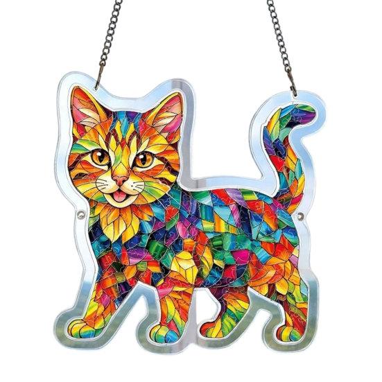 Cat Stained Glass Style Suncatcher Acrylic Pendant with Metal Chain A