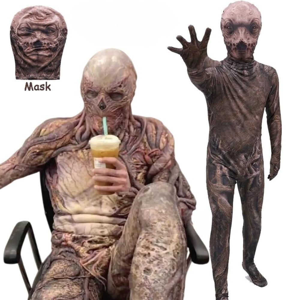 Nwe Men And Women Ugly Demogorgon Cosplay Costume Scary Full Body Jumpsuit Monster Suit with Mask Halloween Carneval Suit