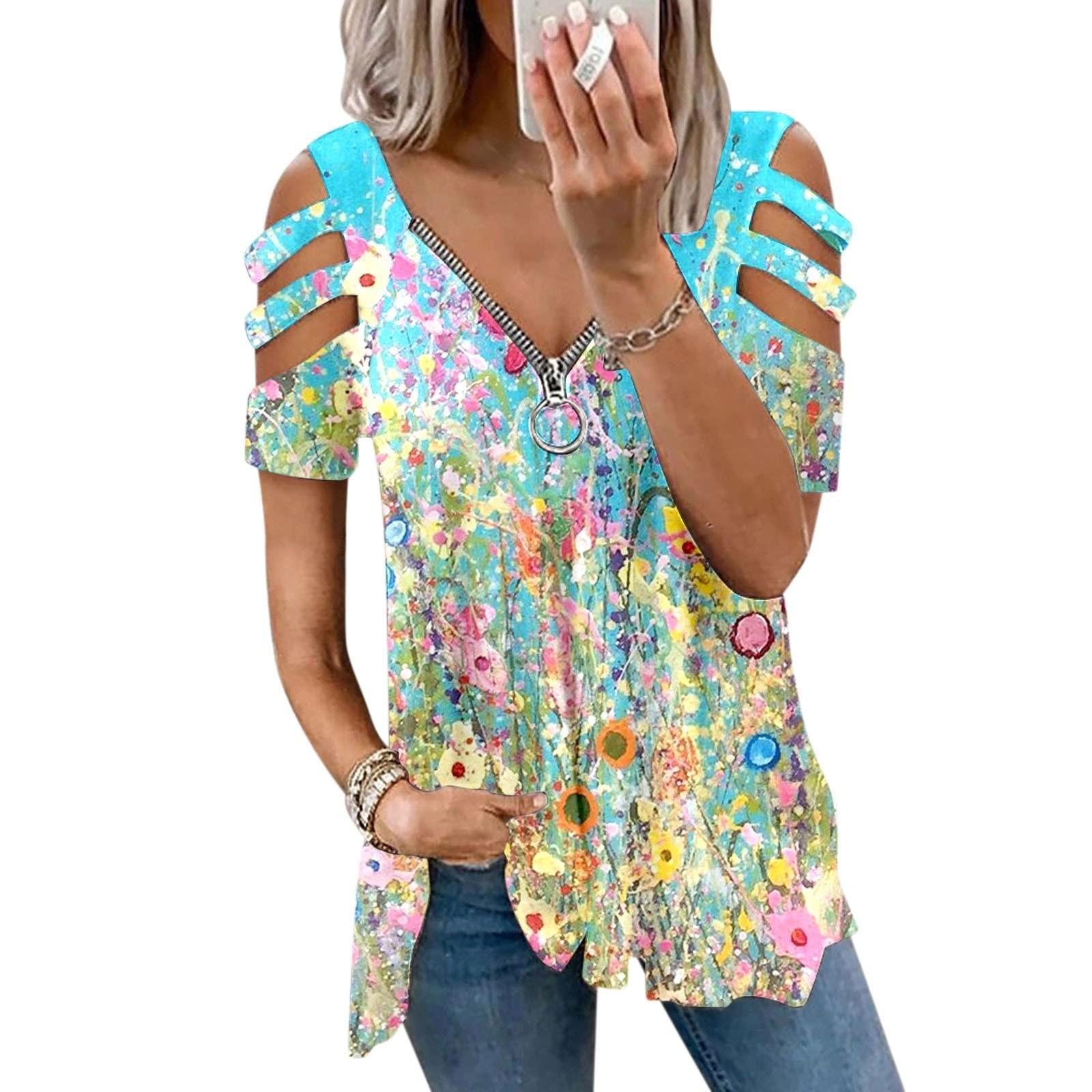 

Women s Fashion Casual Print Loose Zipper Short Sleeve T-Shirt Tops Blouse XL зелений