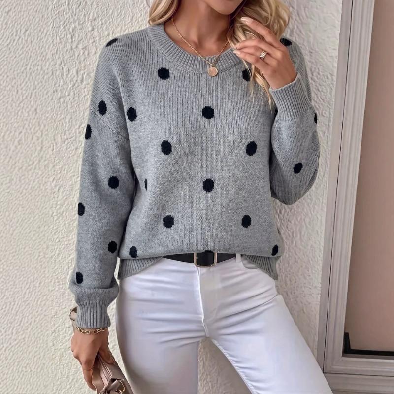 Women S Polka Dot Jacquard Knit Loose Long Sleeve Pullover Sweater
