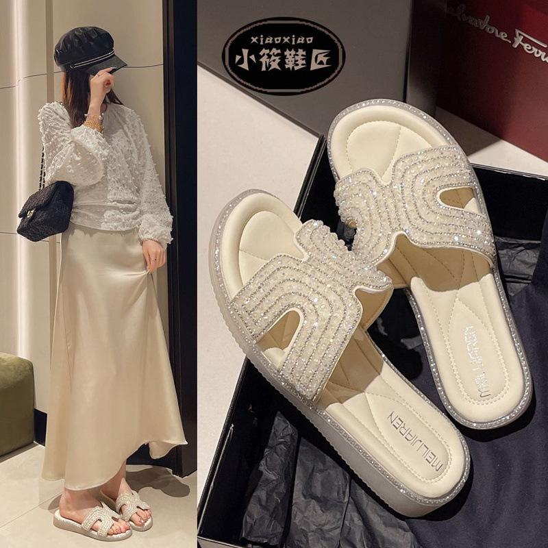 Fashion 2025Fashion Pearl Sexy Women Slippers Banquet Party Peep-toe Flip Flops Silvery Shiny Non Slip Beach Shoes Women Shoes Sapatilas