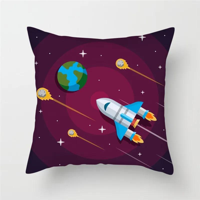 Cartoon Astronaut & Rakete Raumschiff Kissenbezug Deko Weltraum-Thema Kissenhülle für Sofa Schlafzimmer, Galaxie-Druck Kissenbezug