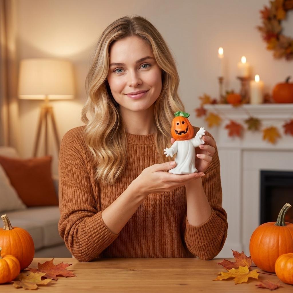 Halloween Pumpkin Head Ghost Figurine Ceramic Tabletop Decoration for Seasonal Home Display Indoor Use