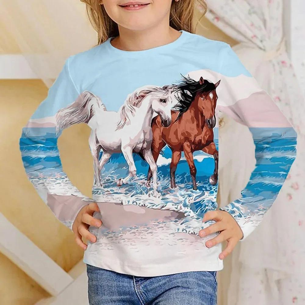 Animal Horse Children's 3D Digital Printing Girl Fashion Trend Round Neck Long Sleeved T-shirt