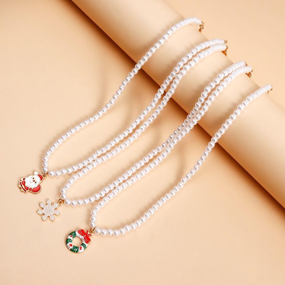 Cartoon Christmas Necklace Clavicle Chain Cartoon Pendant Choker Vintage Pearl Chain Girl
