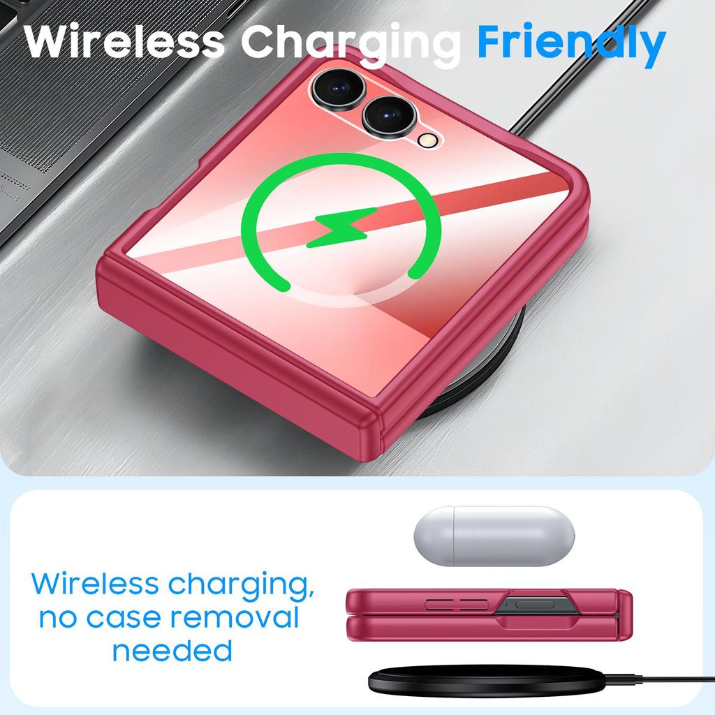 Translucent Matte Protective Case with Tempered Glass Screen Protector for Samsung Galaxy Z Flip 7, Hinge Protection Slim Cover-Rose Red