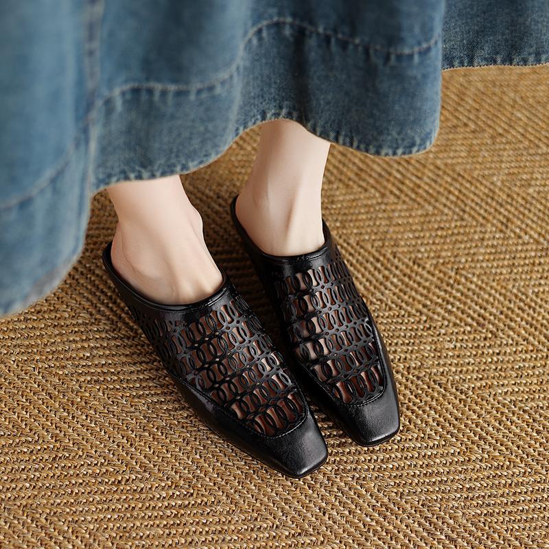 Fashion 2025 New Women Shoes Pumps Low-heel Square Toe Slippers Genuine Leather Retro Style Casual Working Shoes Woman Mueller Slippers