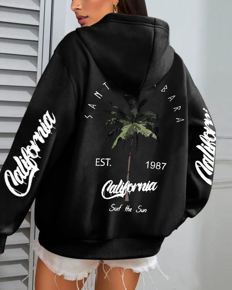 Women's Coconut Tree Print Casual Fleece Hoodie with Pockets