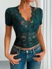 2025 Spring/Summer Slim-Fit Solid V-Neck Lace Short-Sleeve Top