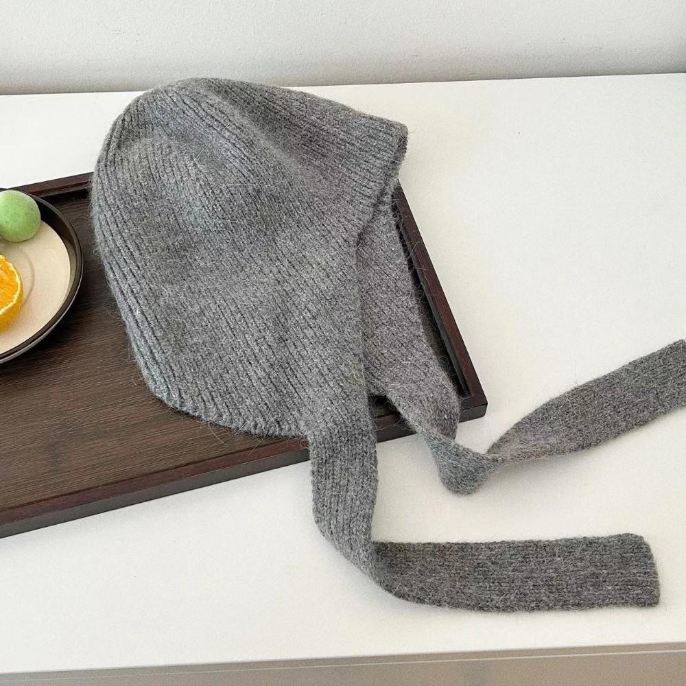 Solid Color Tie Strap Beanie Minimalist Korean Style Bonnet Knit Earflap Hat Daily Commute