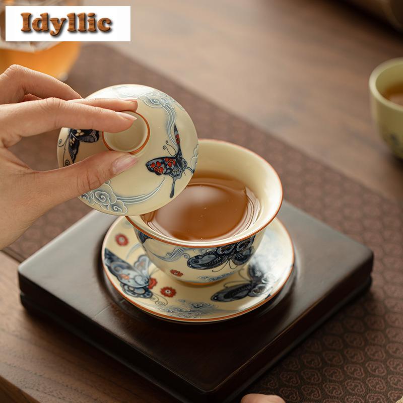 130ml Ru Ofen Wolke Schmetterling Gaiwan Zen Tee Terrine Teeschale mit Deckel Set Teezubereitung Deckelschale Teeartikel Zubehör Handwerk Geschenk