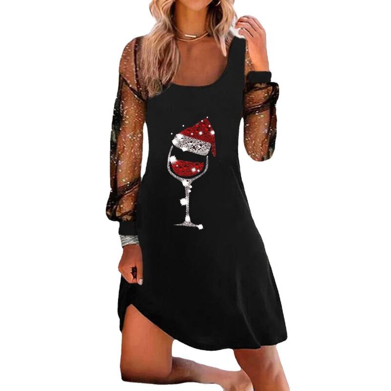 Women's Fashion Spring Autumn Solid Color Print Long Sleeve U-Neck High Waist Casual Dresses