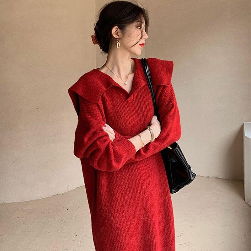 

Lazy wind red knitted dress new women s autumn and winter high-end Christmas wear long-sleeved sweater skirt S красный