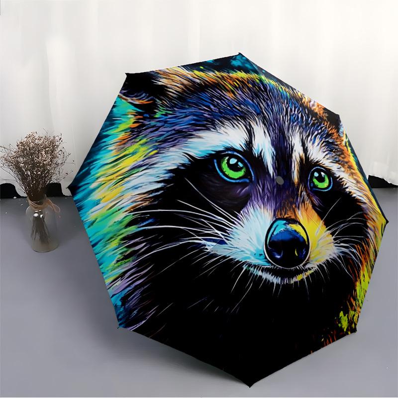 1pc Raccoon Art Automatic Folding Umbrella Portable Collapsible Umbrella for All Seasons, 8-Rib Durable Construction, Perfect Gift 031