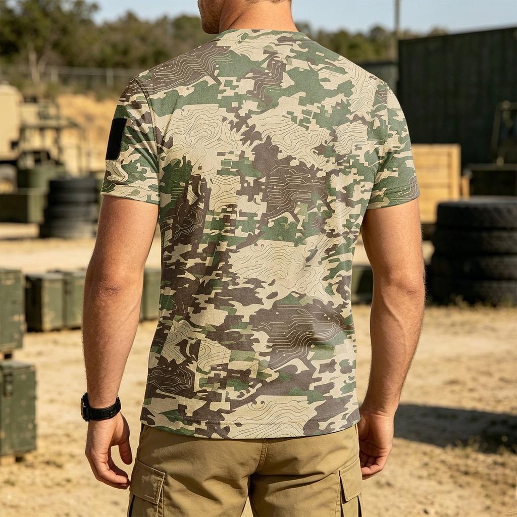 Men's Tactical Outdoor Quick-Dry T-Shirt with Velcro Patch Area Loose Fit Breathable Round Neck Camouflage Print