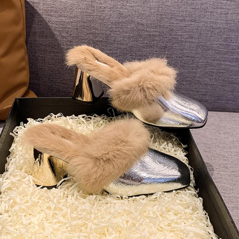 Zimní venkovní moderní pantofle na vysokém podpatku, čtvercový podpatek, nazouvací, 2024, vysoce kvalitní obuv, dámské, jednobarevné, mělké, neobvyklé pantofle