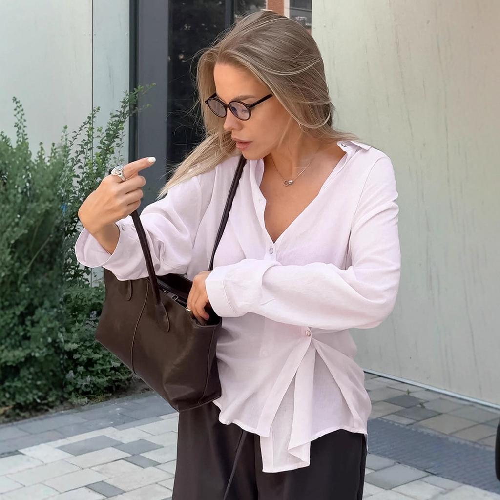 French cotton and linen shirt women's 1116 autumn design sense asymmetrical waist pink lapel shirt medium and long