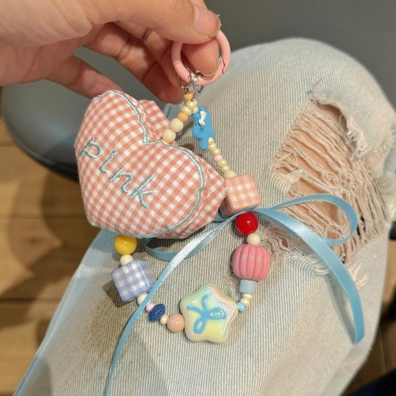 Cotton Grids Pattern Heart Shape Keychain Charm Handmade Phone Chain Women Car Key Holder Stylish Camera Bag Accessory