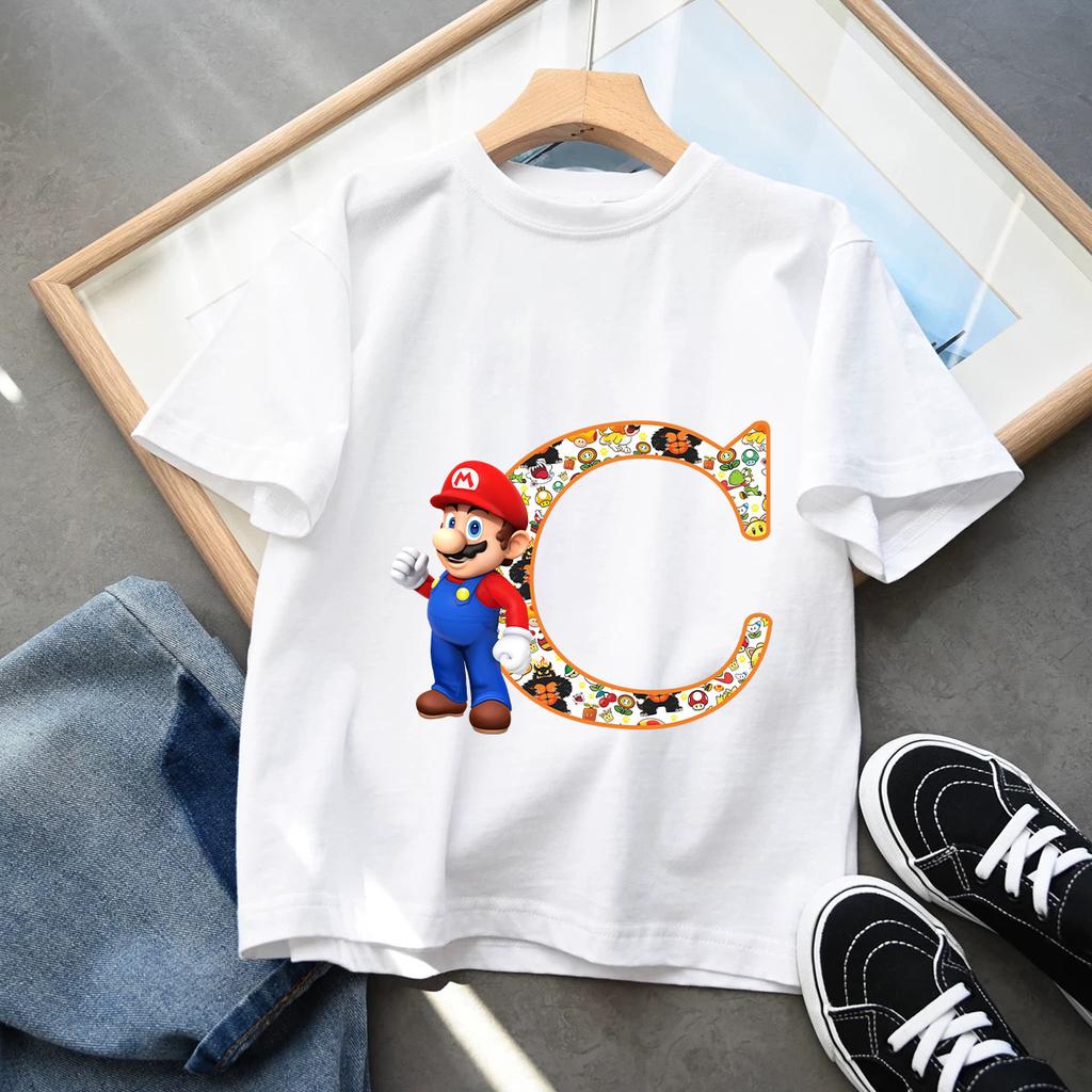 2026 Super Mario Boys and Girls Cartoon letter AZ Printed Birthday Clothing Childrens Fashion Short Sleeve Role Playing Top