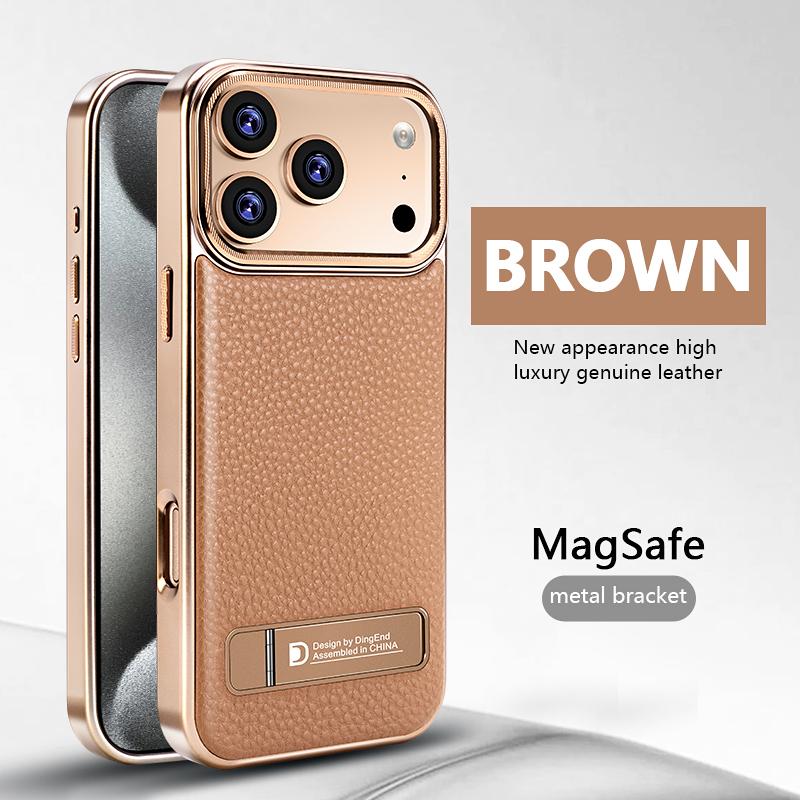 Plating Magnetic Leather Case For iPhone 17 Pro Max Funda iPhone 16 Pro Max 15 14 13 Luxury Folding Bracket Shockproof Phone Holder Cover