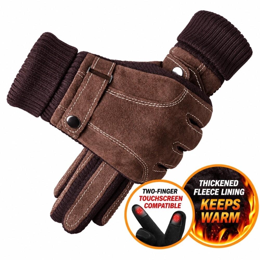 Full Finger Riding Cycling Gloves Touch Screen Fleece Lined Gloves Genuine Leather Gloves Men