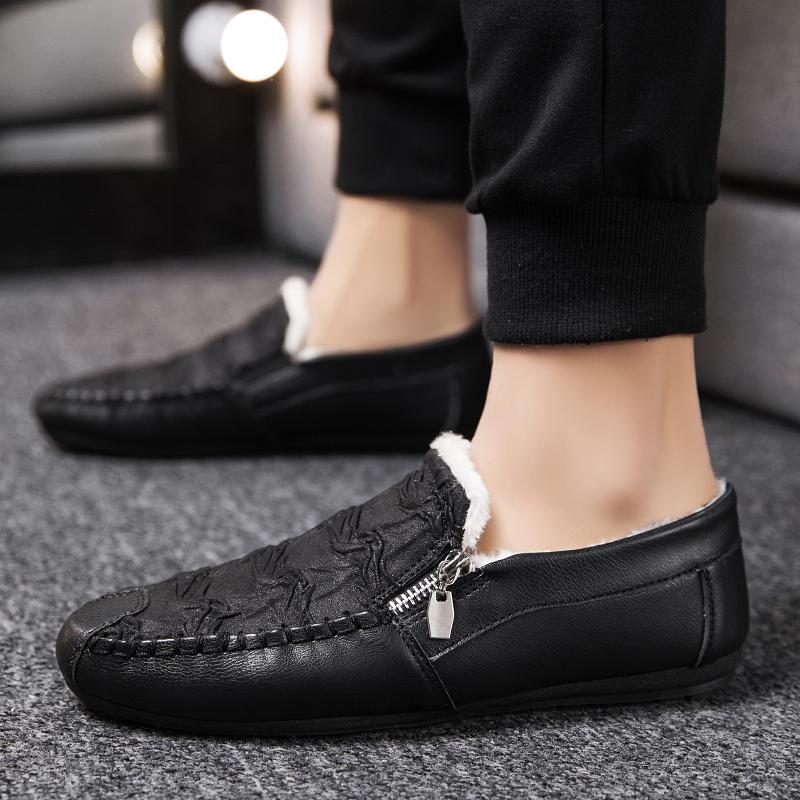 Winter Fur Loafers Men Casual Shoes Leather Dress Shoes Slip-on Sneaker Flats Plush Man Moccasins Fleece Lined Driving Shoes