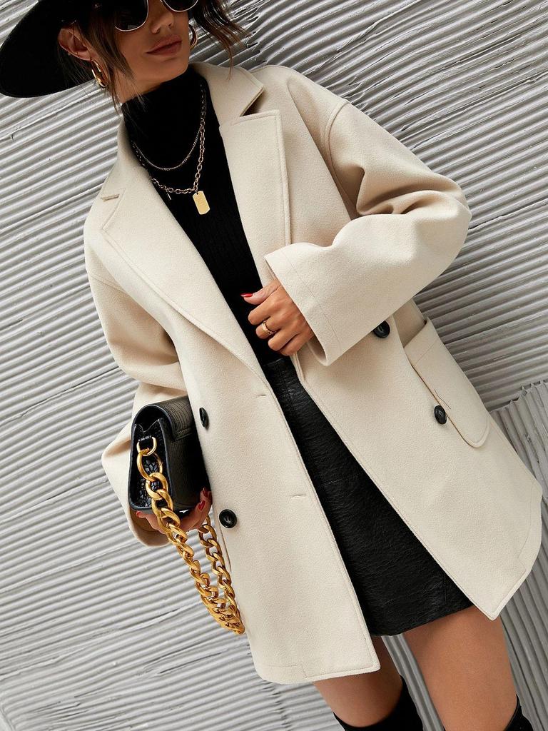 Women's Autumn Wool Overcoat with Turn-Down Collar and Drop Shoulder Design