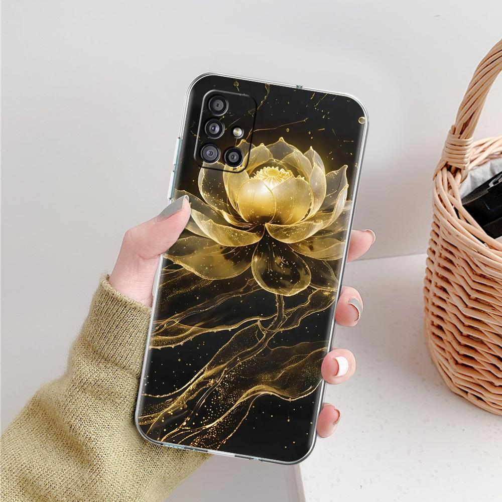 Phone Case For Samsung A15 A13 A35 A55 A51 A71 A41 A31 A21S A03S A05 A17 A23 A25 A33 A53 A73 5G A07 4G Clear Cover Lotus Pattern