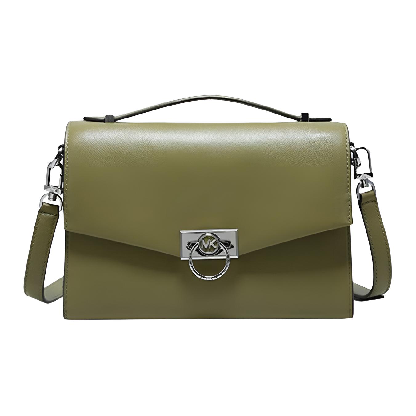 

Michael Kors Hendrix Classic Solid Color Commuter Fashion Design Ring Buckle Flap Leather Shoulder Tote Bag Medium Women bags Green 30F0S1HM2L-OREGANO Basic Set (Bag+Dust Bag)