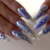 Blue & White French False Nails with Silver Butterfly and 3D Flower Pearl Stickers